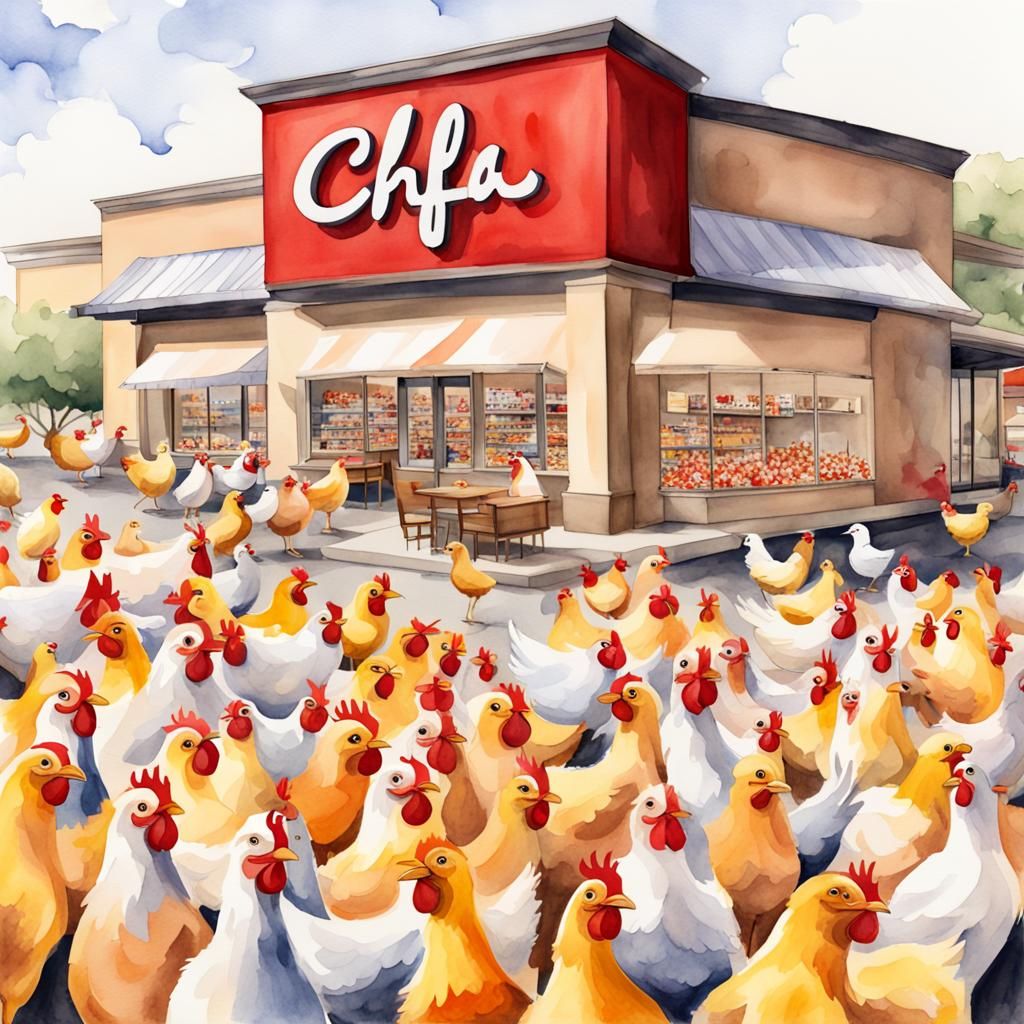 Chick-fil-A Surrounded by Colorful Chickens: Watercolor