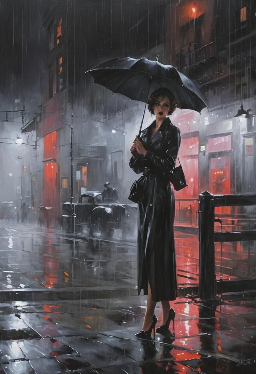 Noir Painting of a Femme Fatale in the Rain