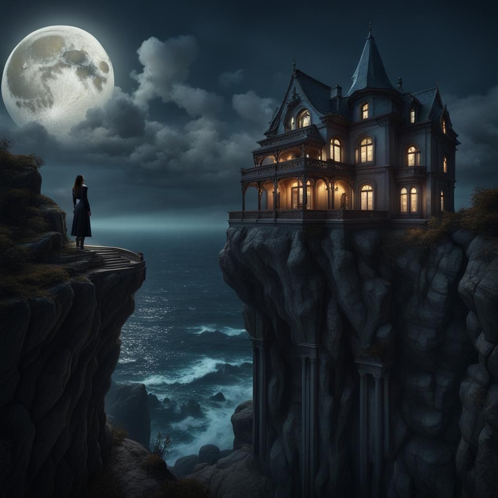 Gothic Mansion on Cliff at Night