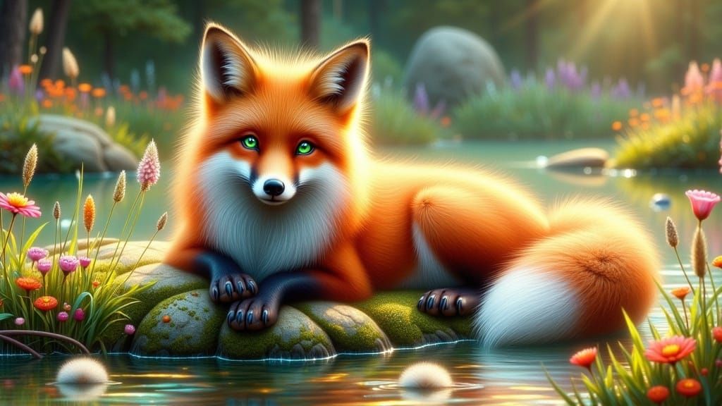 Fox Lounging by Pond with Holographic Acid-Wash Effect