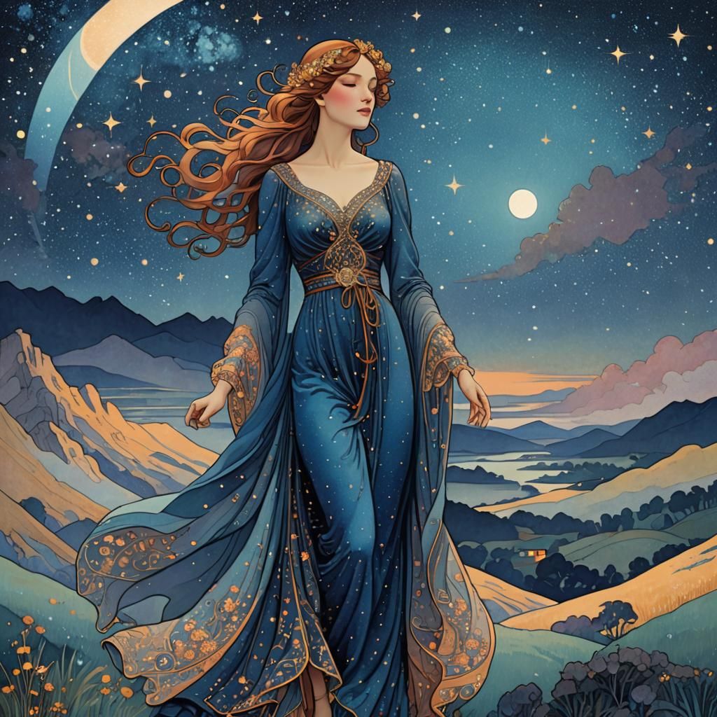 Art Nouveau Woman Under Starry Night Illustration