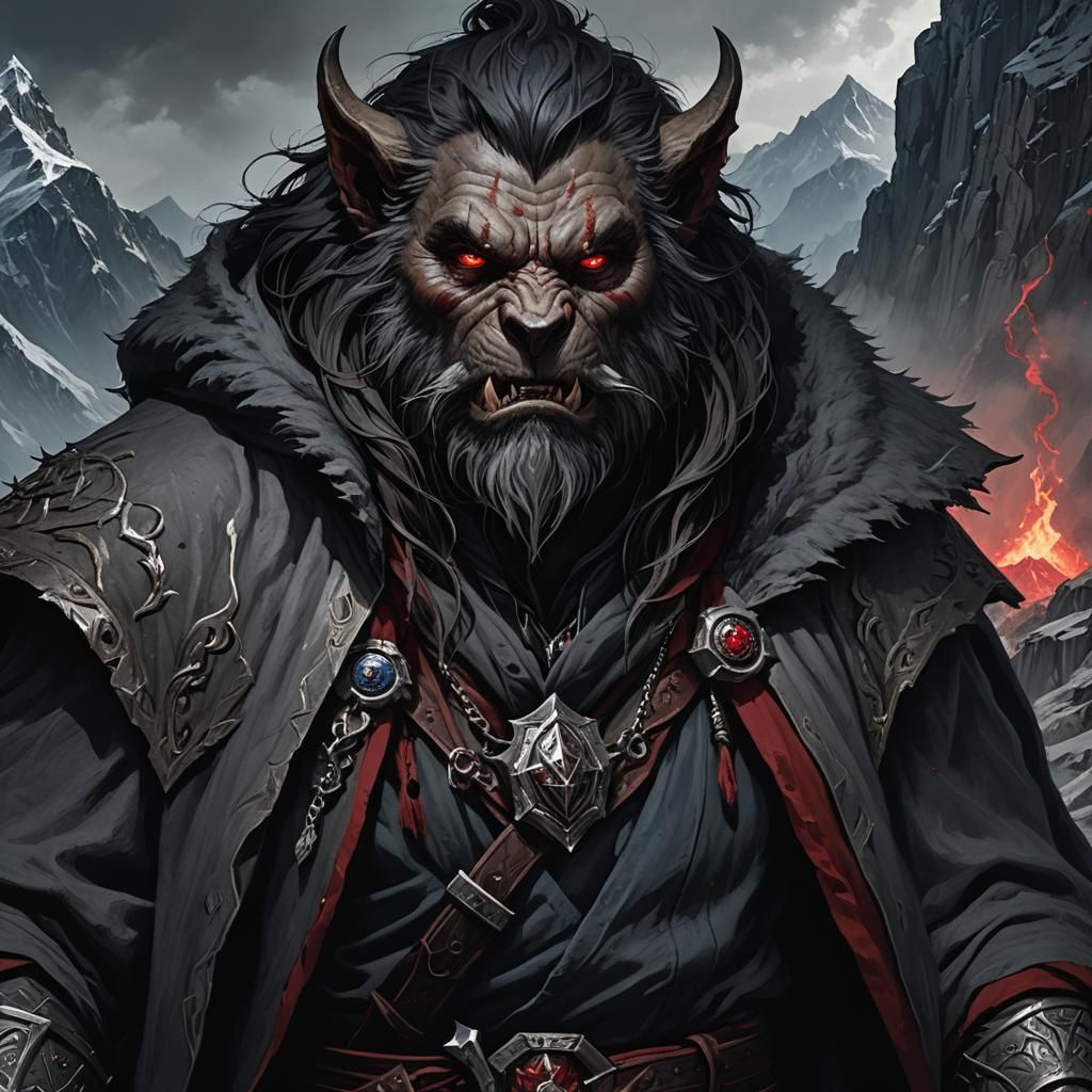 Bugbear Warlock on Bleak Mountain, Dark Fantasy Art