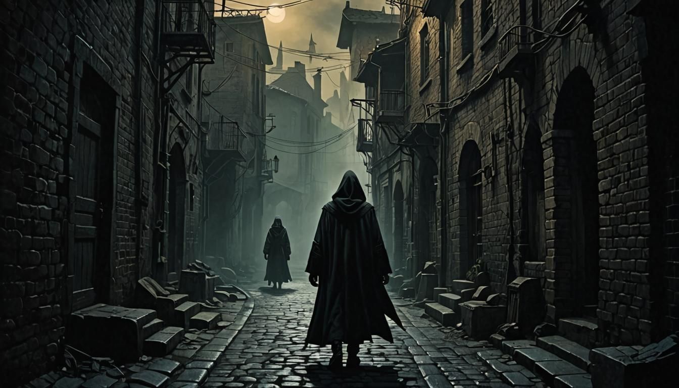 Ominous Hooded Figure in Dark Fantasy Alleyway