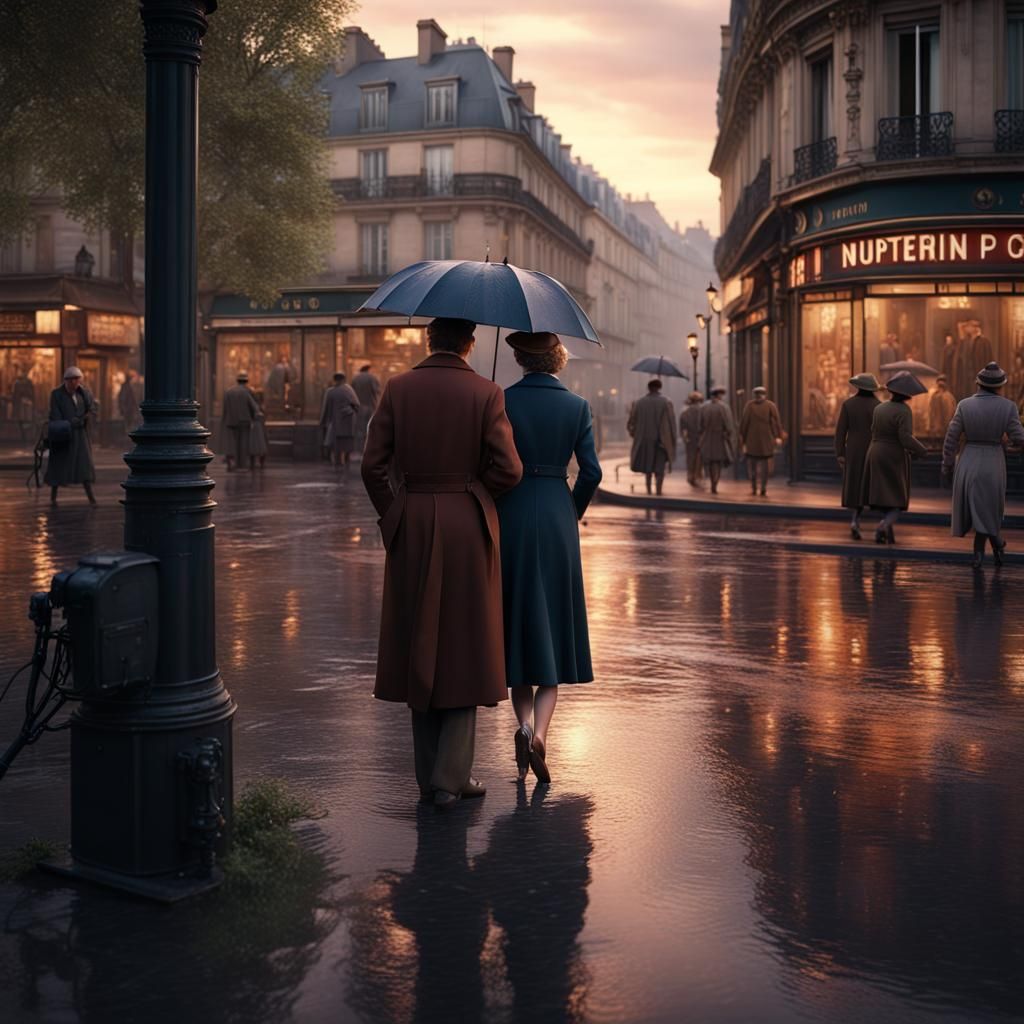Paris Street Scene After Rain, 1930s Sunset