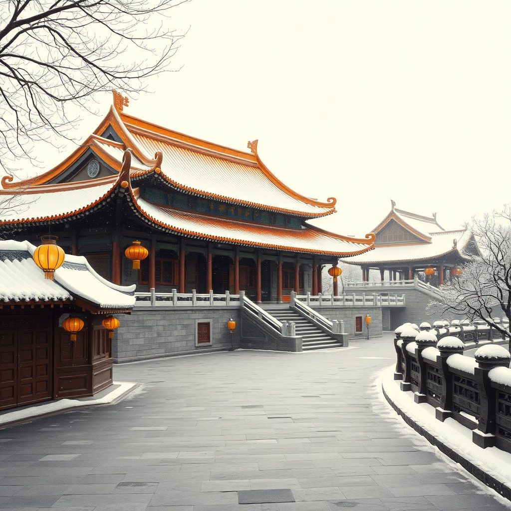 Snowy Chinese Temple in Classical Painting Style