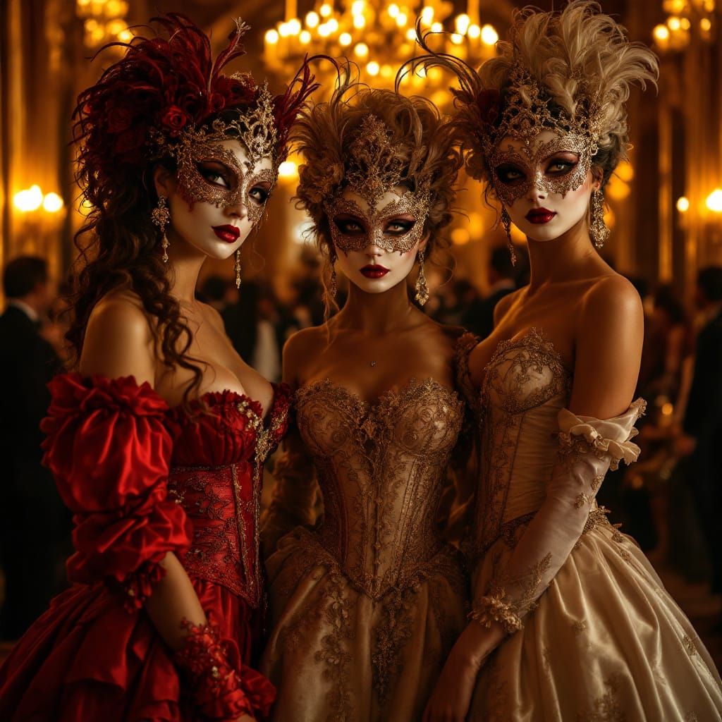 Masked Women in Gowns at Opulent Masquerade Ball