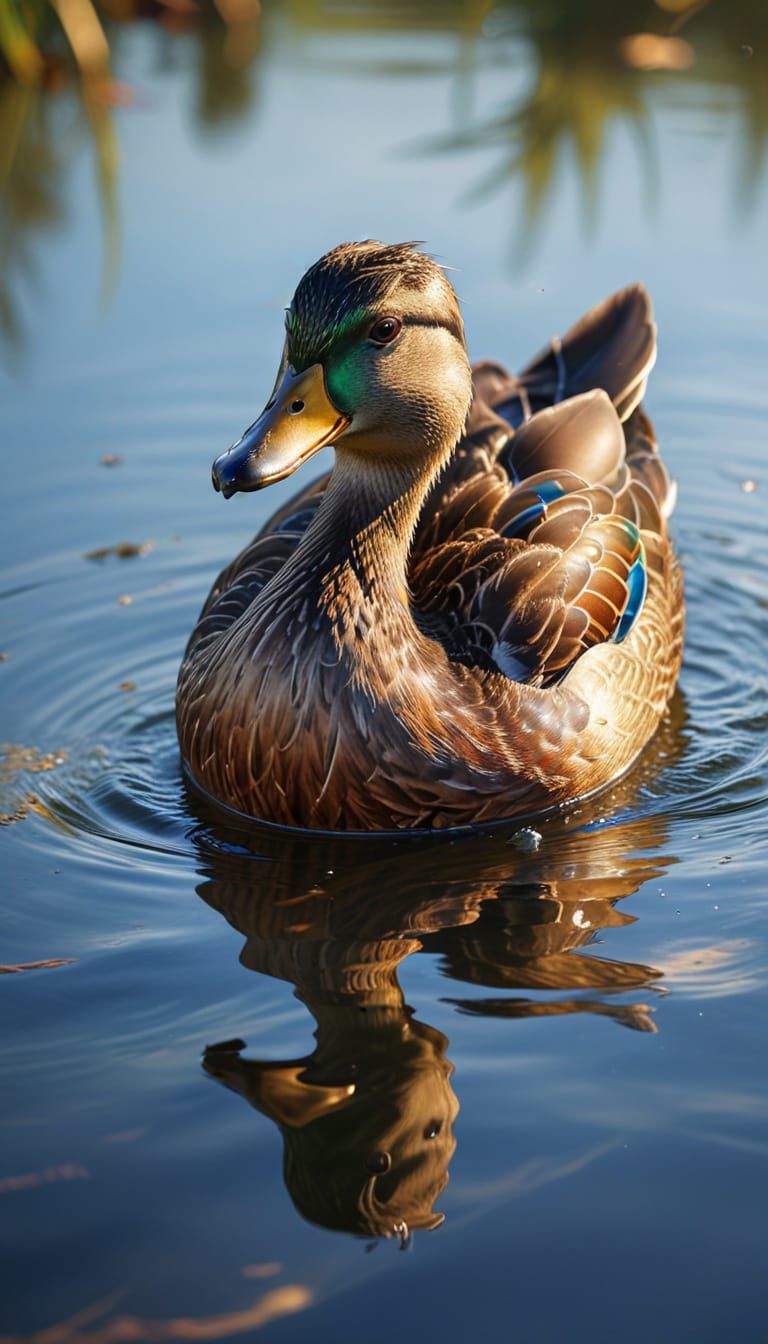 Duck Portrait in Water: Macro Oil Painting
