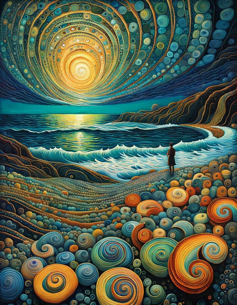 Bioluminescent Ammonites on a Quilled Ocean Shore