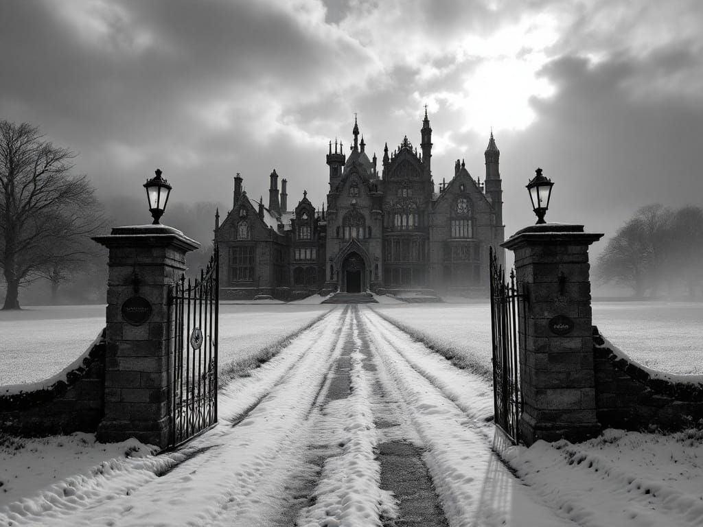Neogothic Mansion Amidst Snowy Cumbrian Landscape