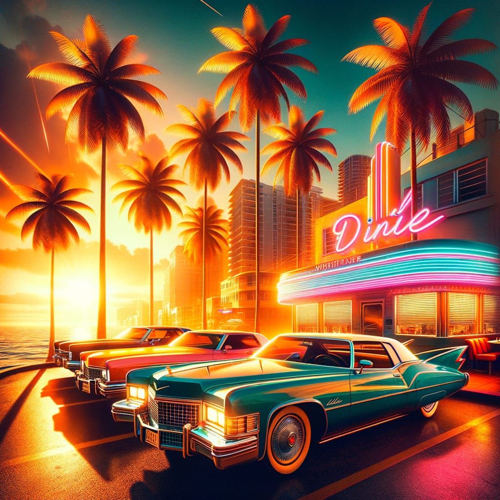 Retro Miami Cityscape with Cadillacs at Sunset