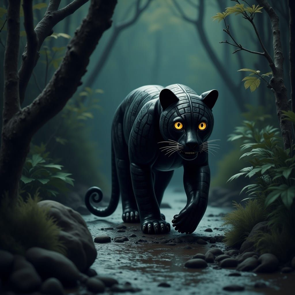 Black Panther Prowls Jungle River in Twilight
