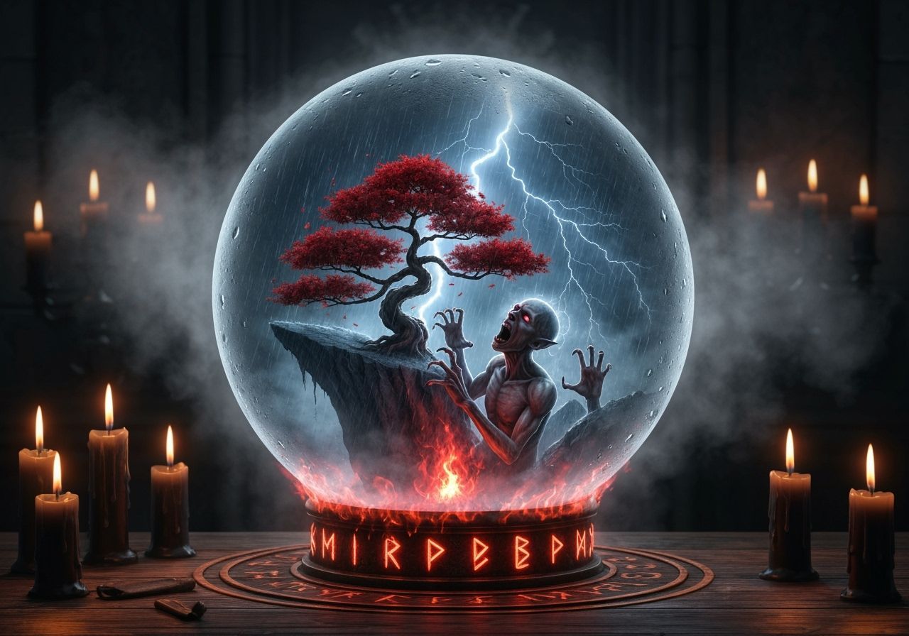 Gothic Crystal Ball Reveals Demon's Torment in Storm World