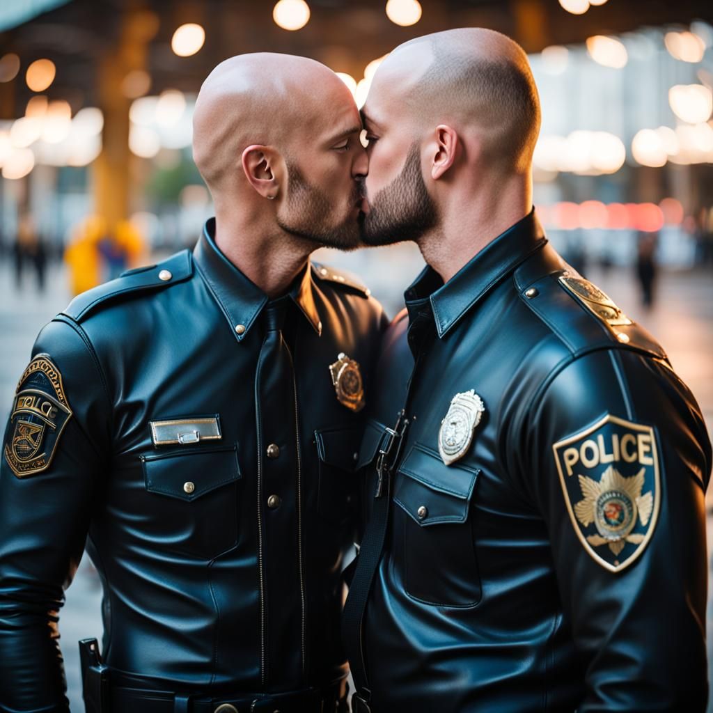 Two Handsome Men Kissing in Leather, Professional Photo