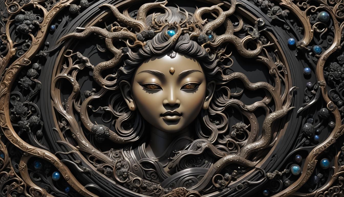 Asian Sculptured Relief Panel: Darkness in Black