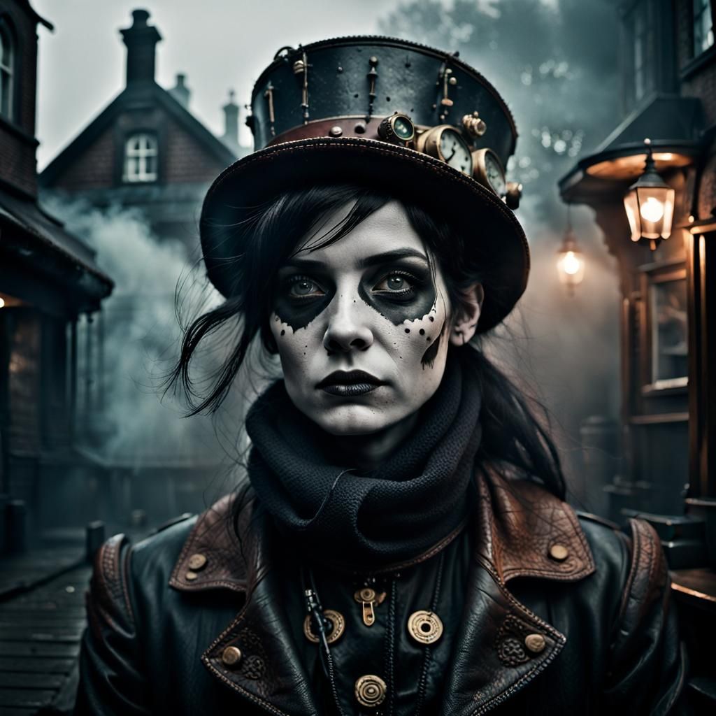 Gothic Steampunk Model in Darkly Lit Scene