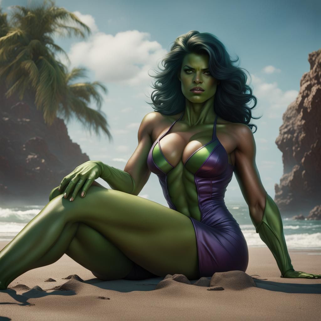 She Hulk on Beach: Detailed Fantasy Concept Art
