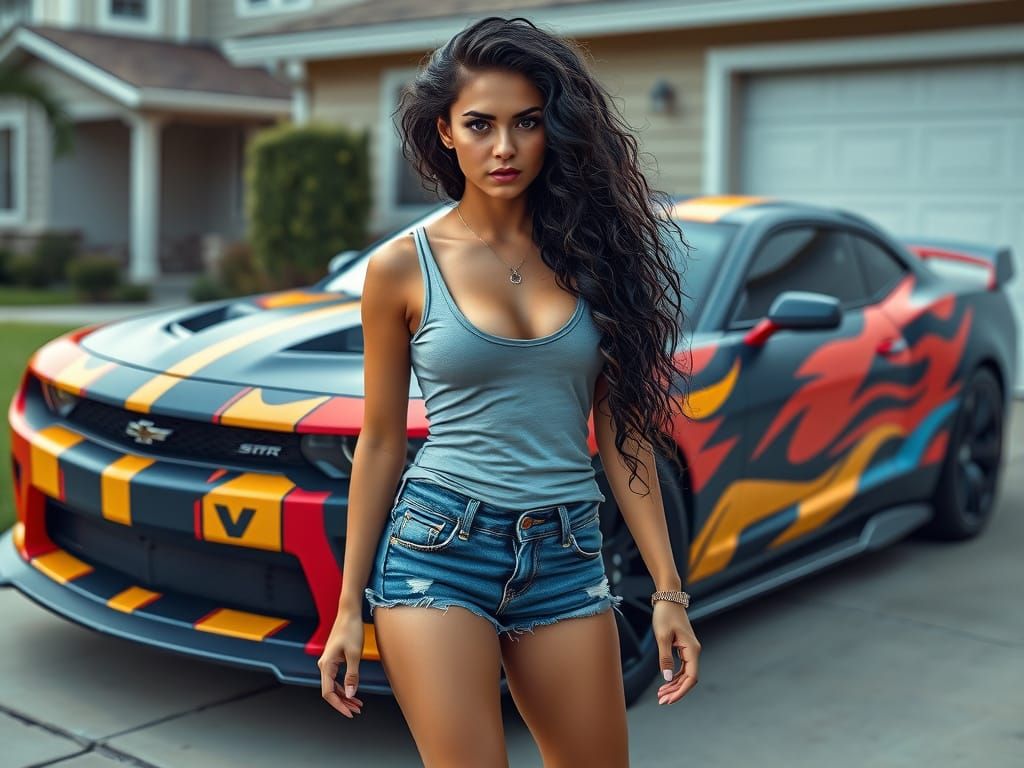Beautiful Woman Leans Against a Vibrant Sports Car in a Subu...