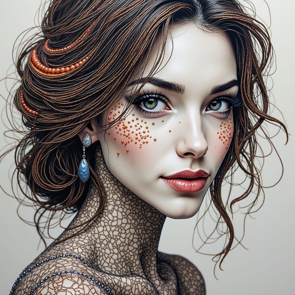 Elegant Woman in Intricate Zentangle Beadwork Portrait