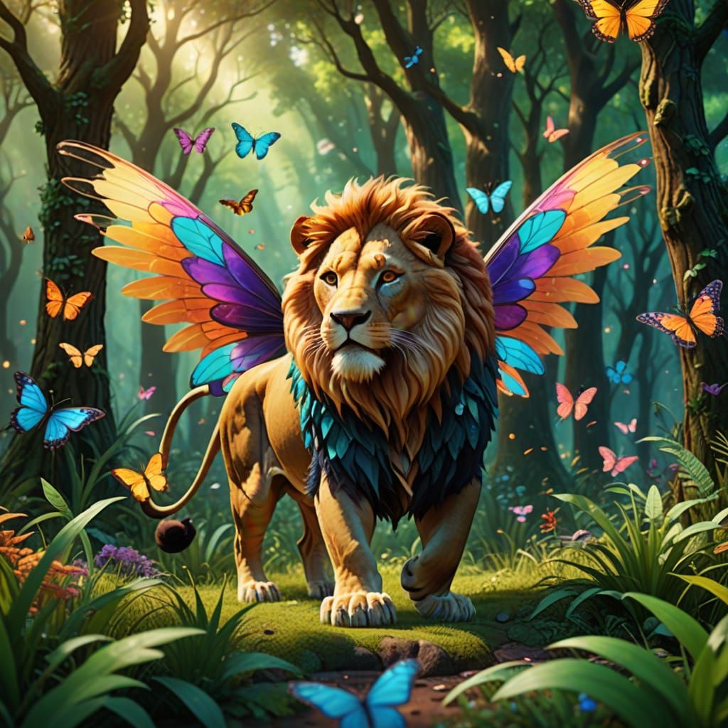 Lion with Butterfly Wings in Enchanted Forest