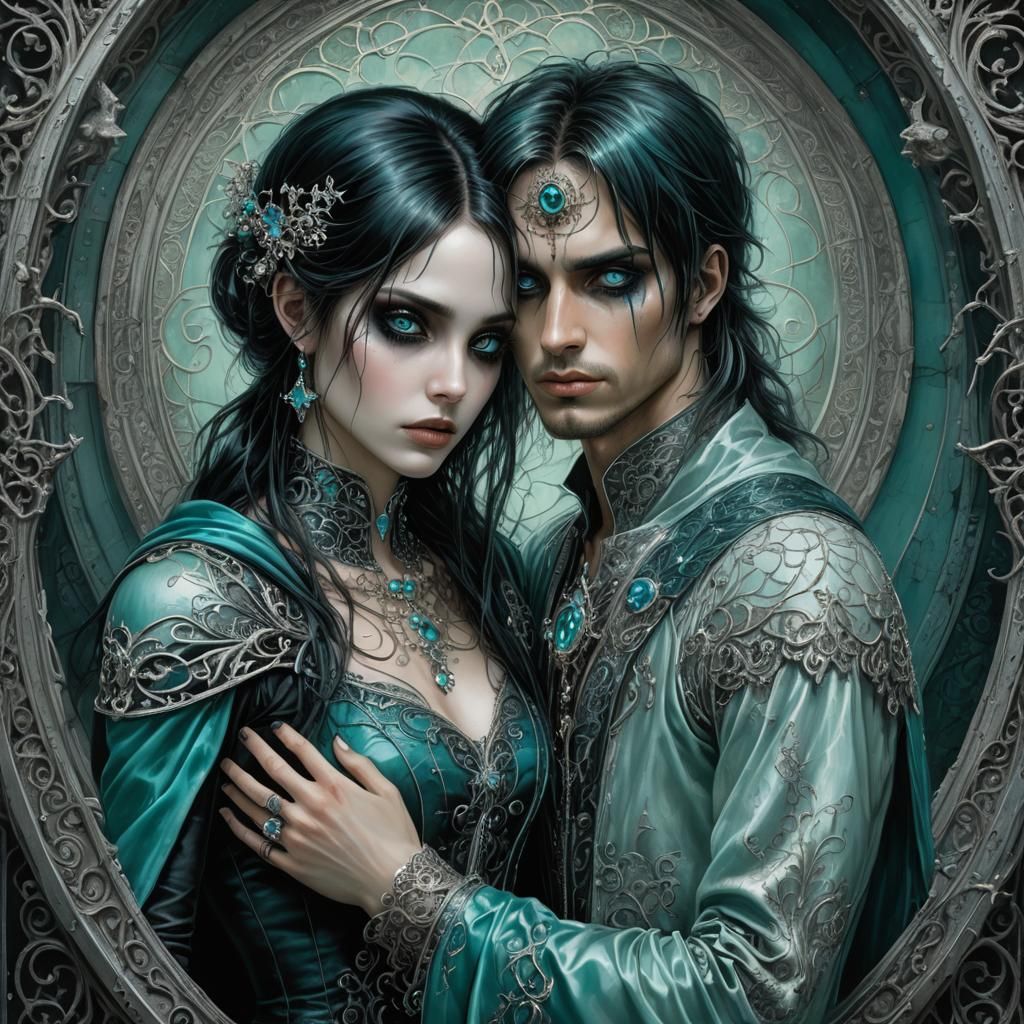 Gothic Emo Couple Embrace with Bioluminescent Eyes