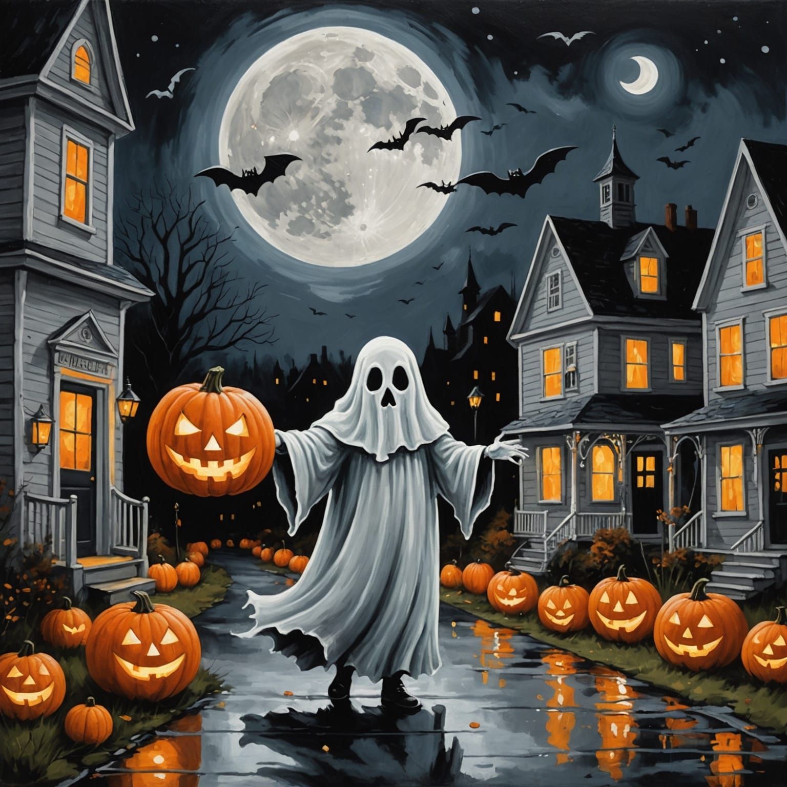 Ghostly Halloween Night in New England: Fantasy Art