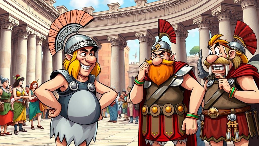 Asterix Unveils Cunning Plan to Bewildered Roman Centurion