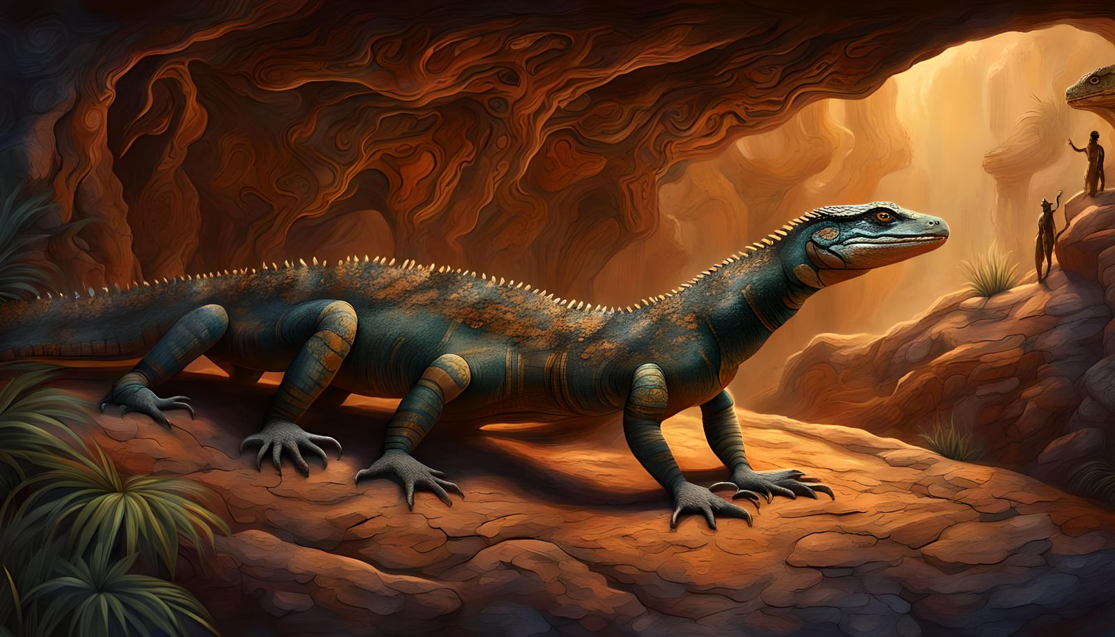 Aboriginal Painting of Goanna and Spirit Figures