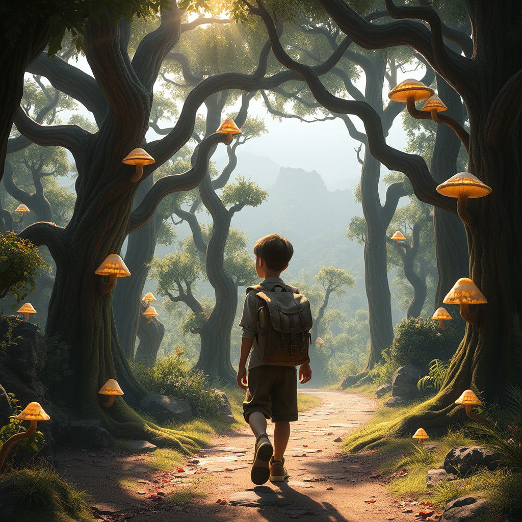 Mystical Forest Path: Boy's Journey in Fantasy Art