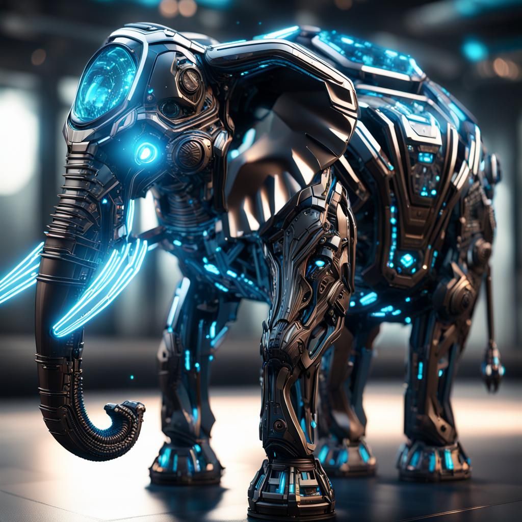 Futuristic Crystal Elephant with Bioluminescent Flames