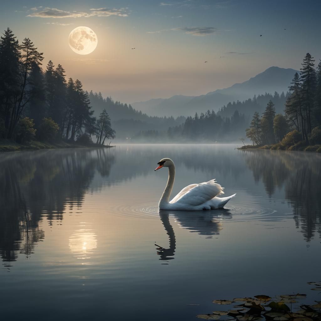 Swan Gliding on Serene Lake in Moonlight