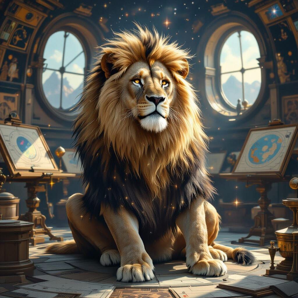 Celestial Lion in Ancient Observatory: Hyperrealistic Art
