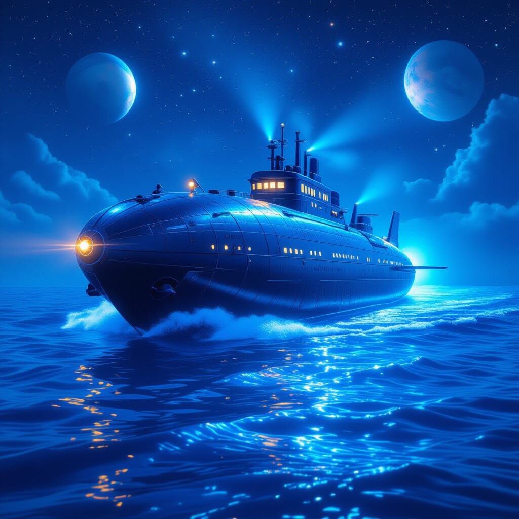 Bioluminescent Submarine Drifting in Vibrant Blue Ocean