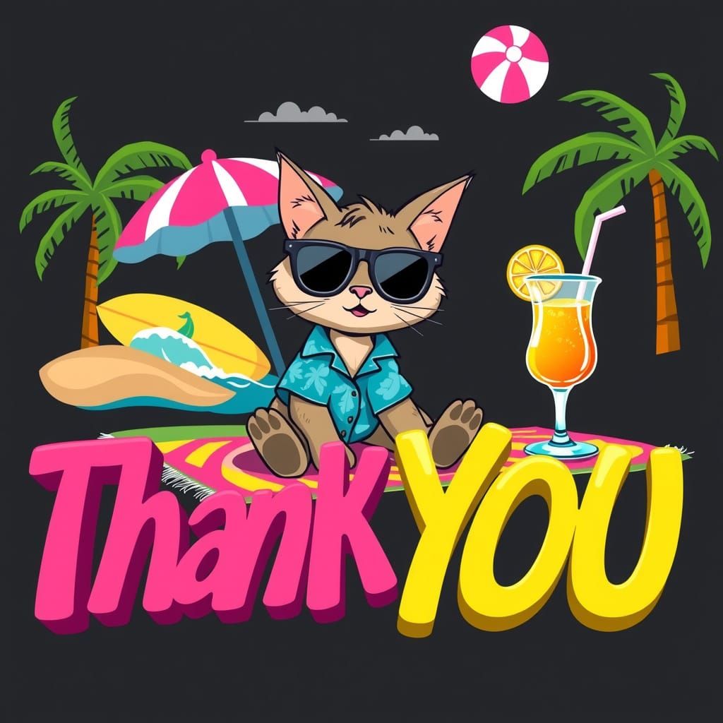 Vibrant and playful raised text that says "Thank You" set against a dark backdrop in a whimsical, multi-colored font wit...