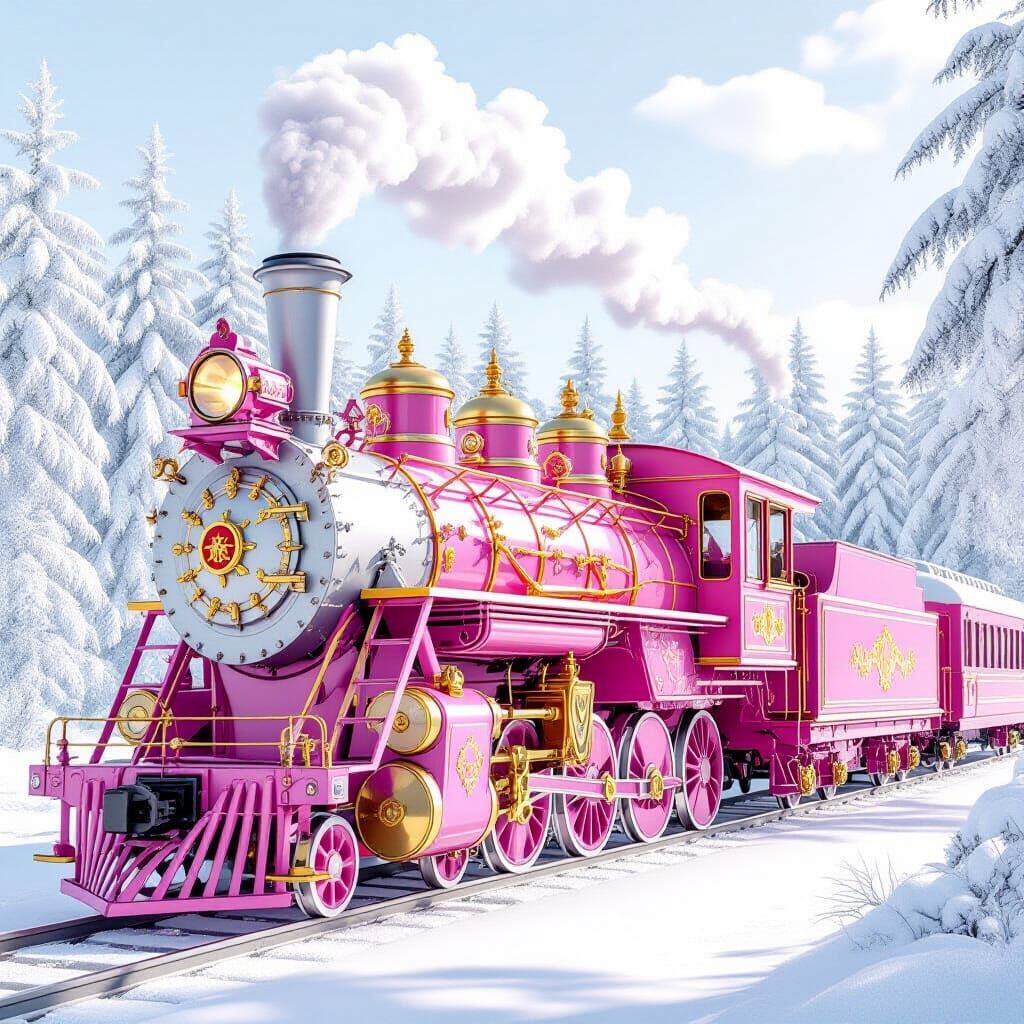 Pink and Gold Train in Snowy Forest Fantasy Design