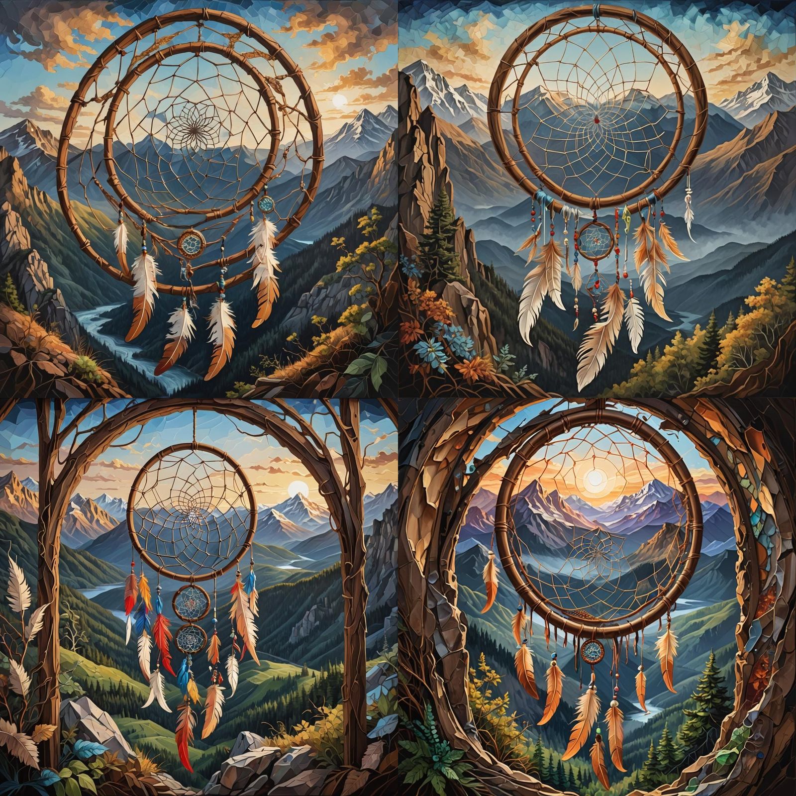 Mountain Landscape Through Dreamcatcher as Impasto Art