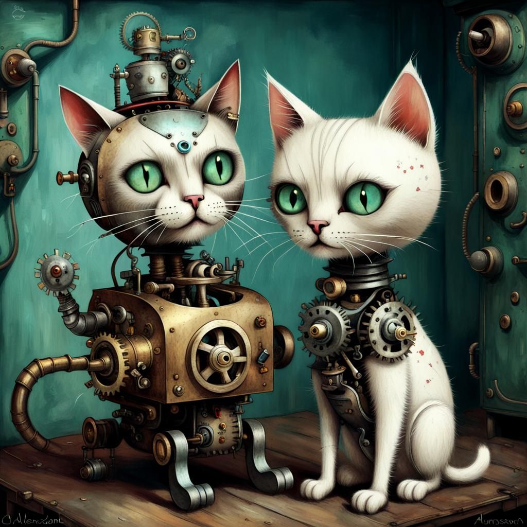 Mechanical Cat and Kitten in Folk Art Style