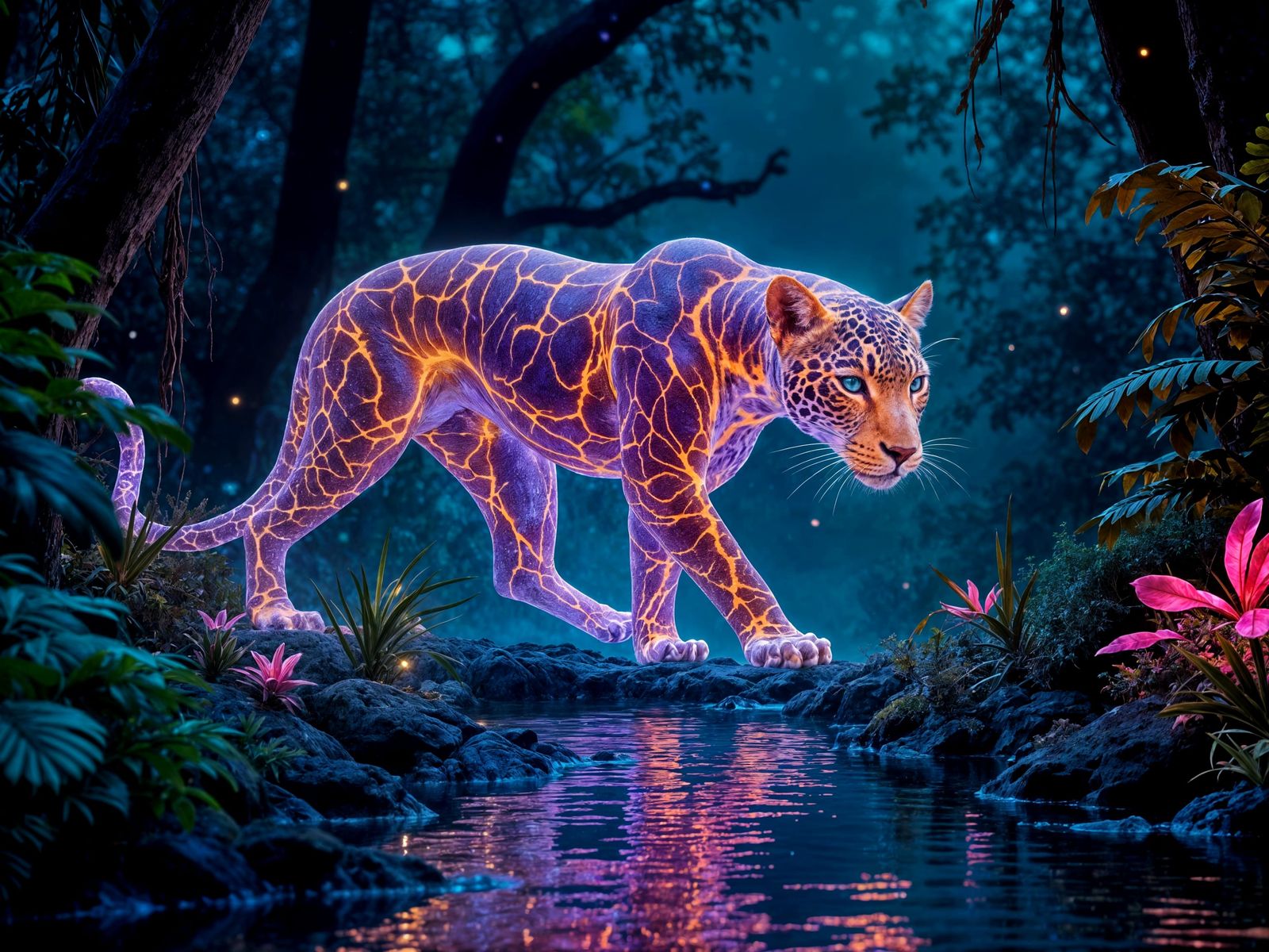 Luminous Jaguar Gliding Through Bioluminescent Forest