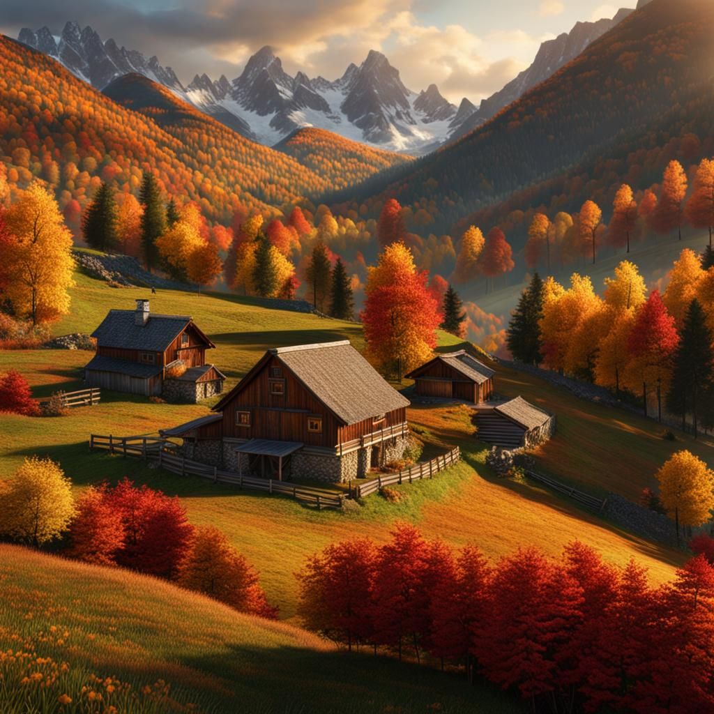 Autumn Mountain Farm in Hyperrealism