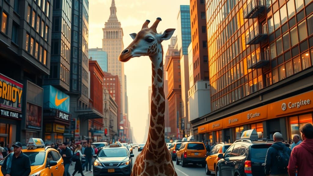Giraffe Strides Through Bustling New York City Street in War...