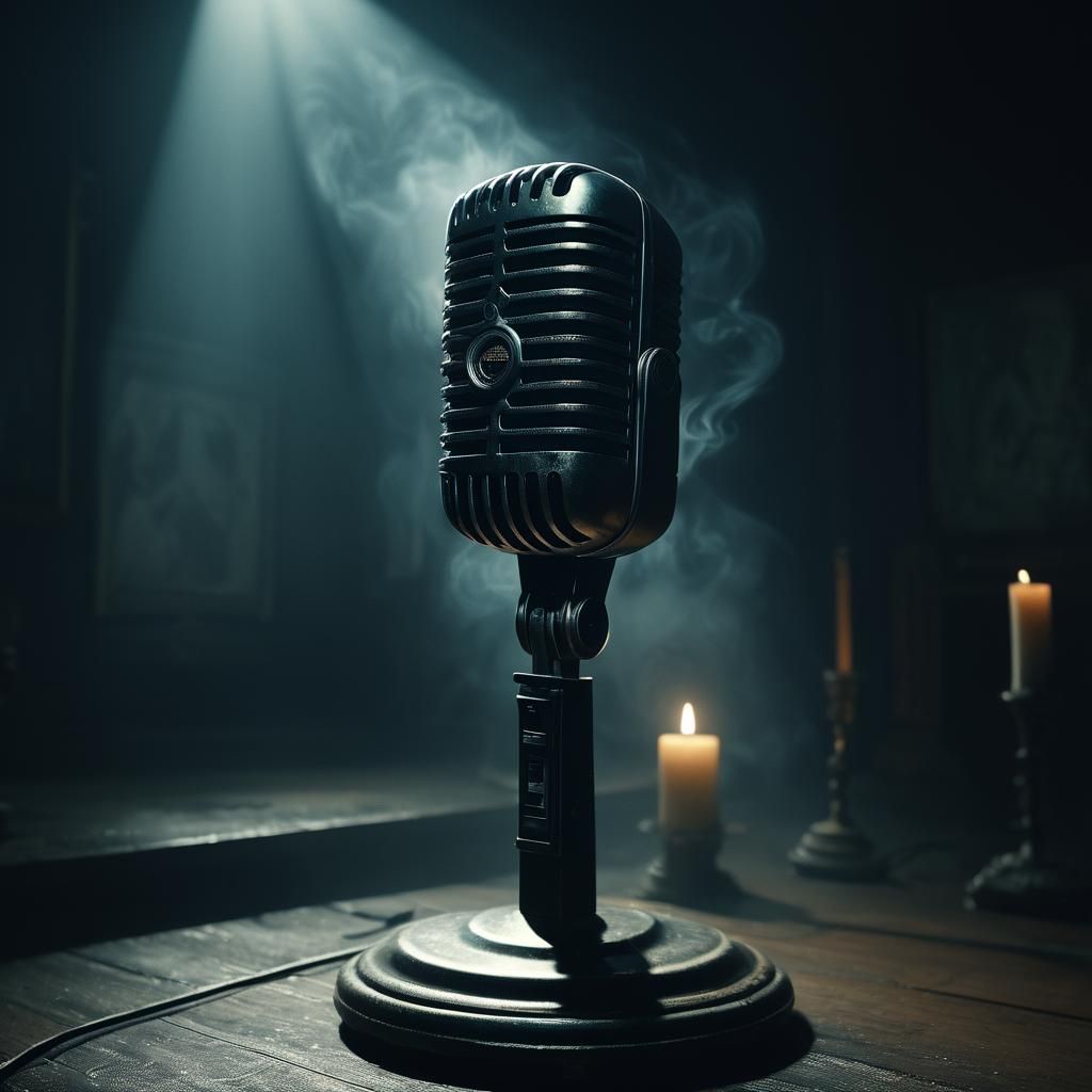 Vintage Microphone in Dark Room: Surrealist Fantasy