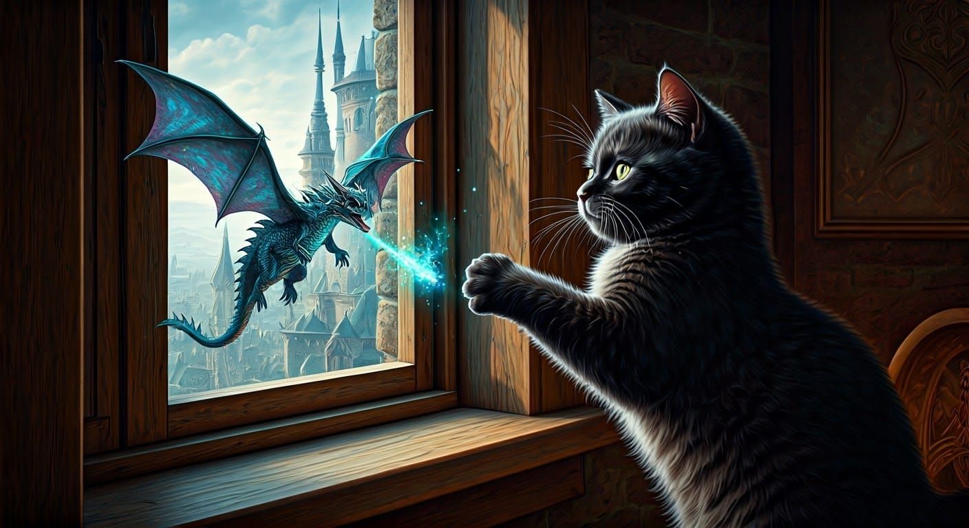 Dragon and Cat in Grand Medieval Castle Scene