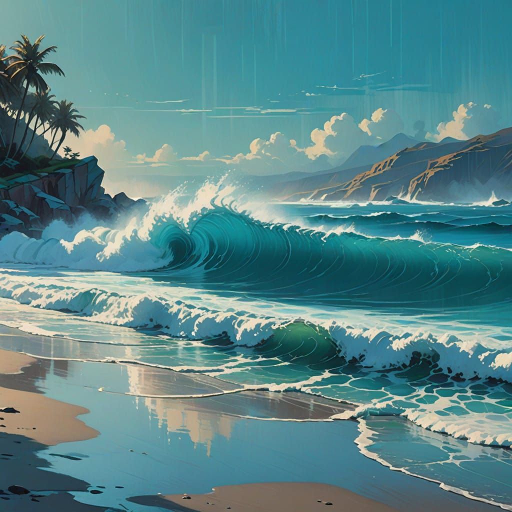 Electric Blue Sea Waves in a Futuristic Mist