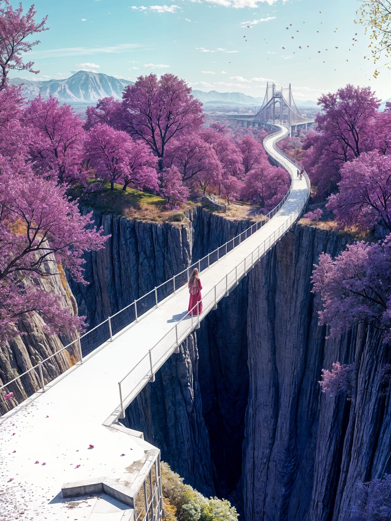 Tiny Figure on an Endless Bridge in a Purple Landscape