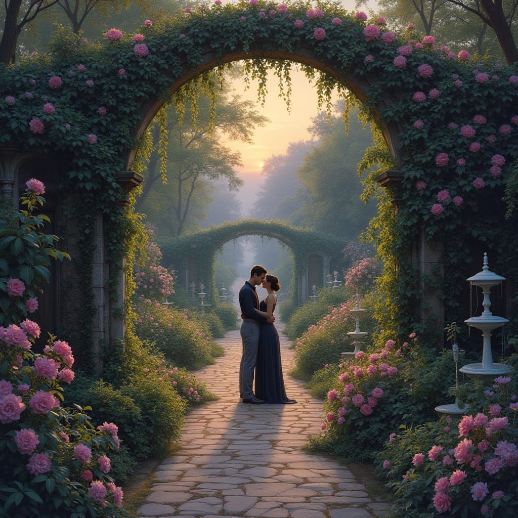 Romantic Garden at Twilight in Pre-Raphaelite Style