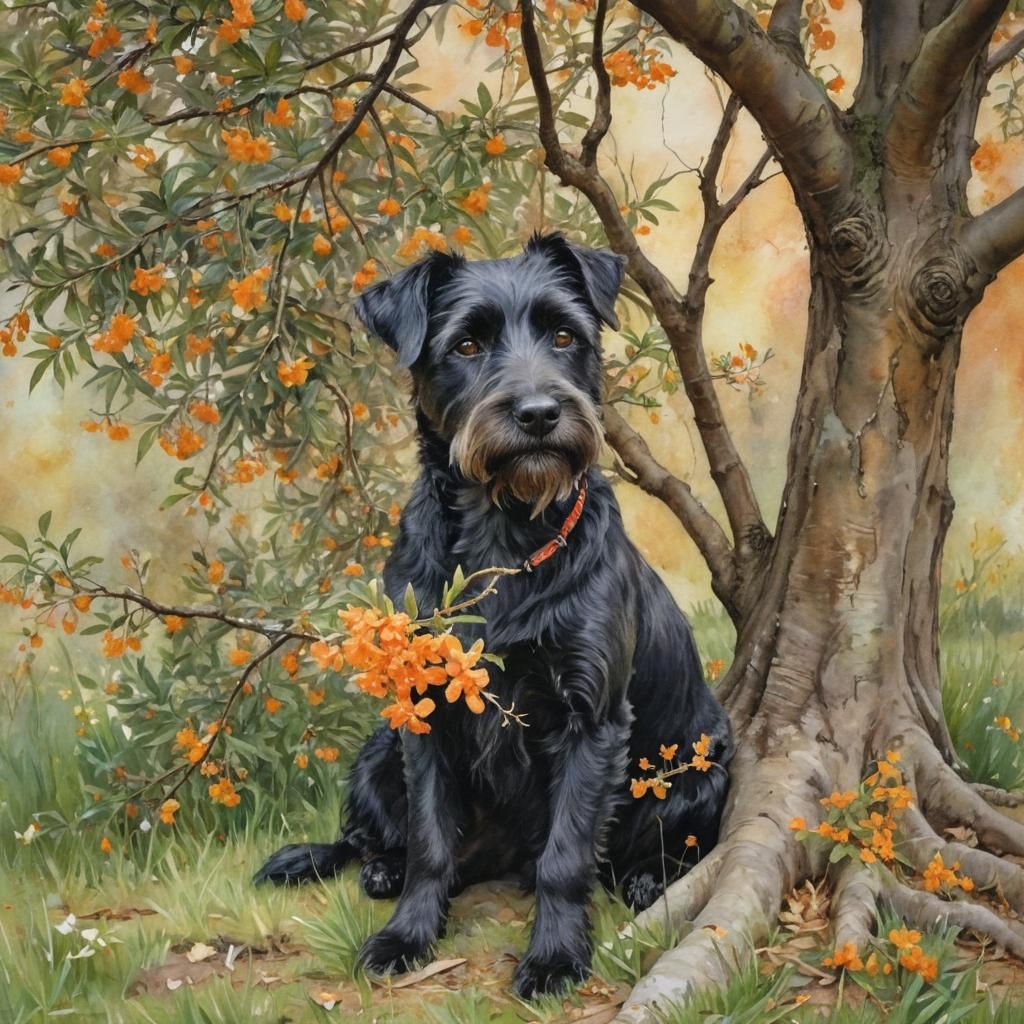 Woman and Terrier Dog in Pre-Raphaelite Watercolour