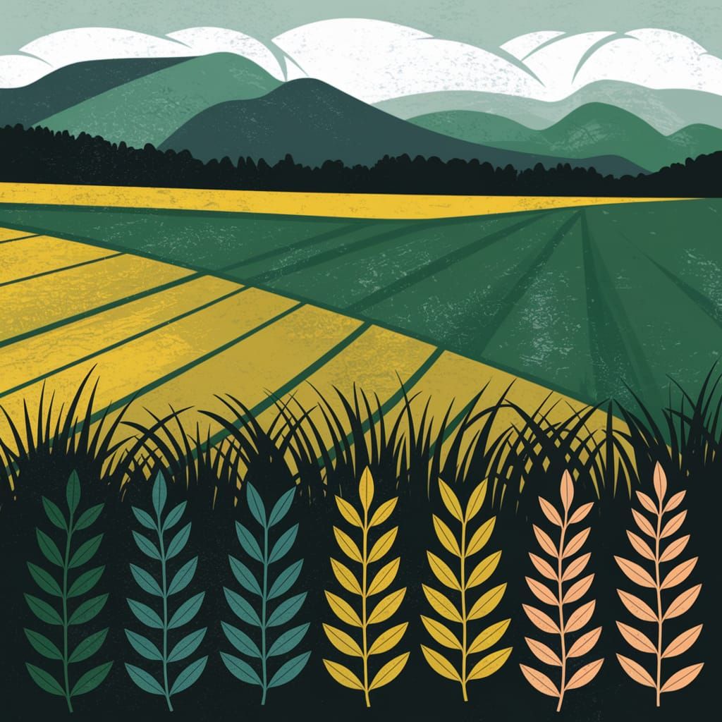 Abstract Emerald Pasture in Naïve Art Style