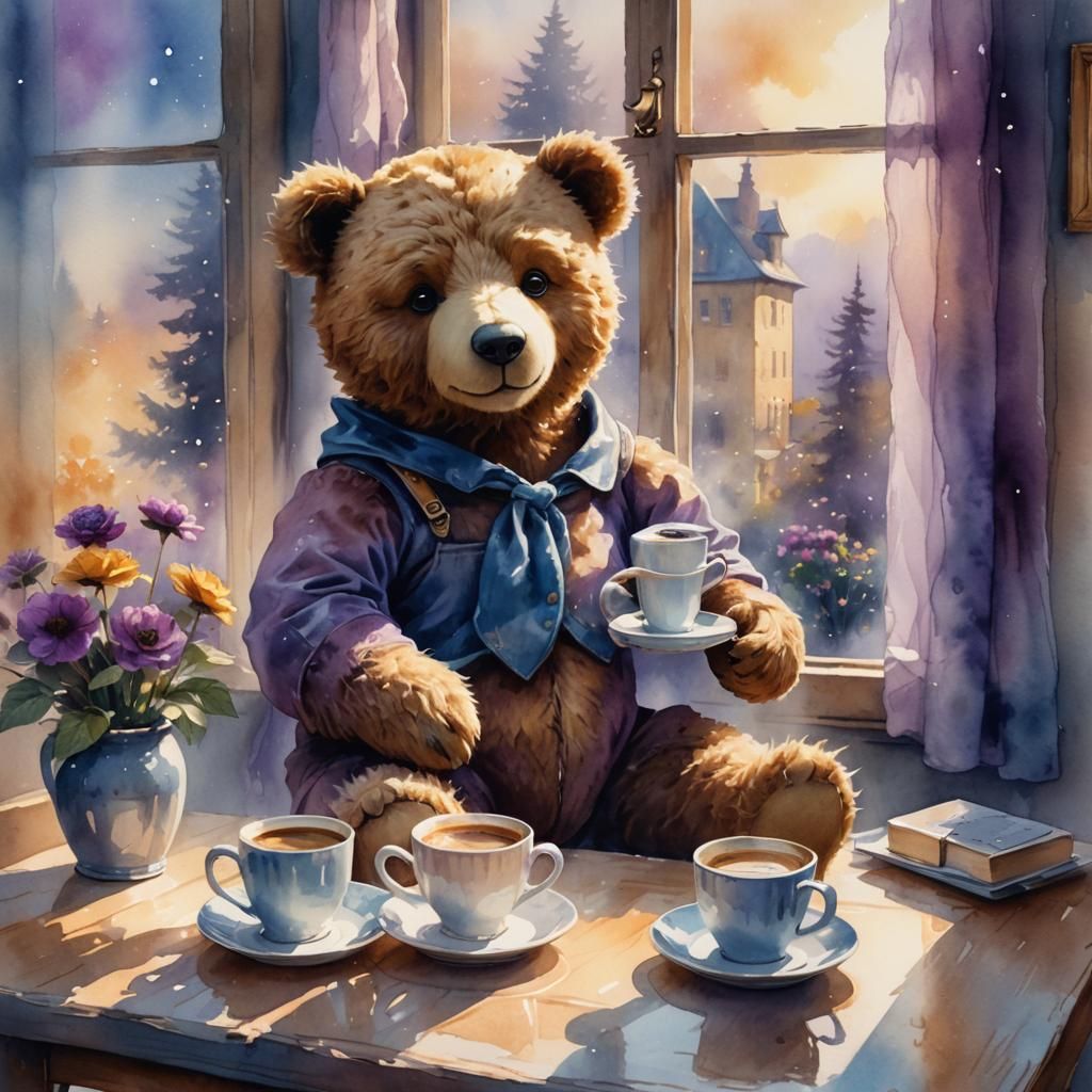Teddy Bear's Dreamy Coffee Break: Fantasy Illustration