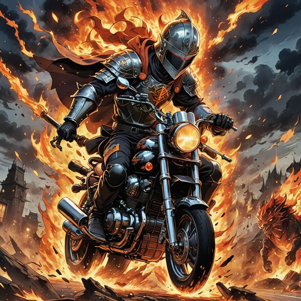 Knight on Harley-Horse Battles Fire Demon in Manga Style