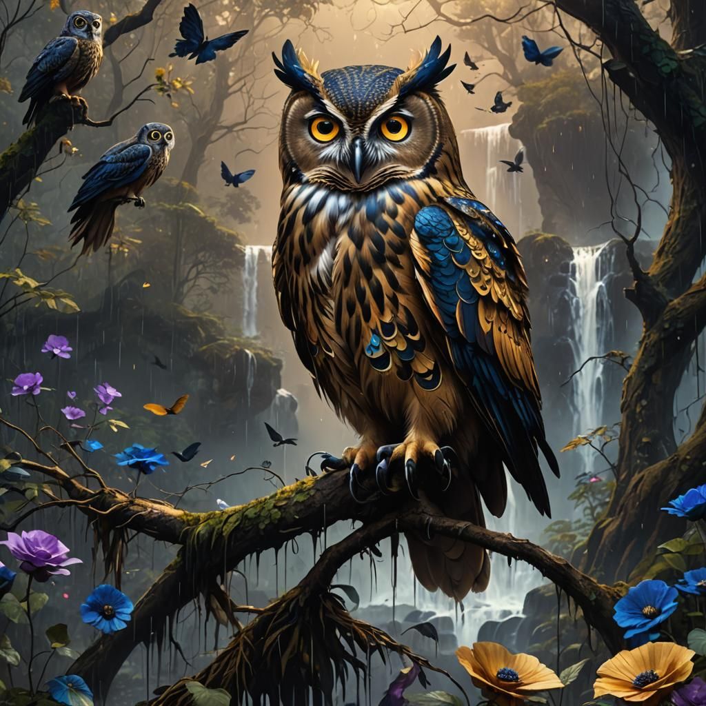 Owl with Peacock Wings in Spooky Rainforest