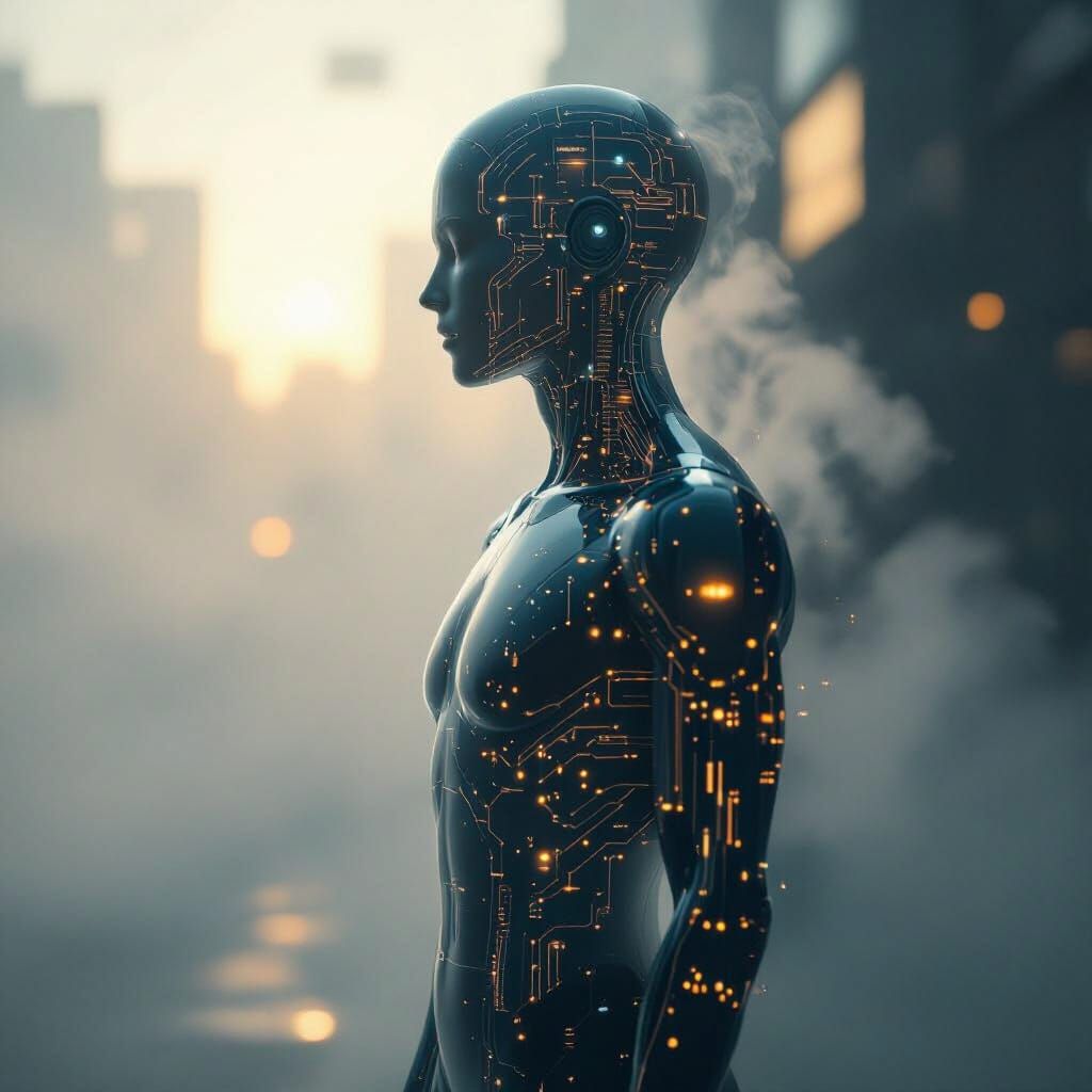 Translucent Figure in Mist, Futuristic Cyberpunk Art